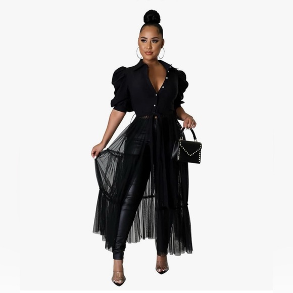 Ofeefan Elegant Black Sheer Maxi Dress with Puff Sleeves size 4xl - Picture 1 of 4